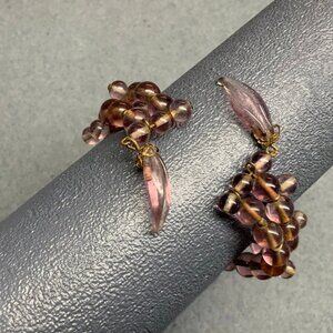 Vintage Memory Wire Bracelet Round Translucent Purple Bead Leaf Dangles Gold